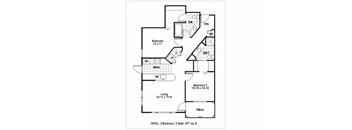 A floor plan of a two bedroom apartment with a living room and bathrooms.
