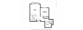 A floor plan of a home with a living room, bedroom, laundry, and kitchen.