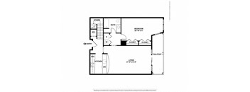 A black and white drawing of a house plan with a living room, kitchen, bath, and stairs.