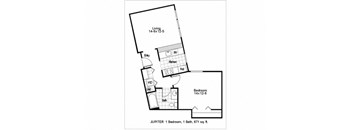 A floor plan of a one bedroom apartment with a bathroom and living room.