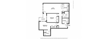 A floor plan of a home with two bedrooms, a living room, a kitchen, a laundry room, and two bathrooms.