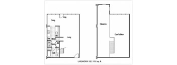 A floor plan of a live/work space is shown, with a living area, dining room, kitchen, bathroom, and open loft space.