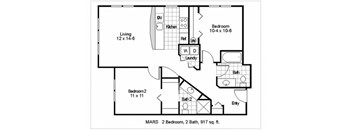 A black and white image of a floor plan for a 917 square foot home with two bedrooms and two bathrooms.