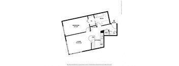 A floor plan of a small apartment with a living room, bedroom, kitchen, and bathroom.