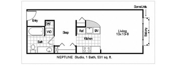 A floor plan of a studio apartment with a living area, bedroom, and bathroom.