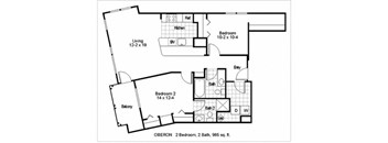 A black and white image of a floor plan for a home with two bedrooms and two bathrooms.