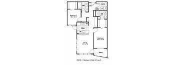 A floor plan of a two bedroom apartment with two bathrooms.