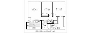 A black and white floor plan of a two bedroom, two bathroom apartment.
