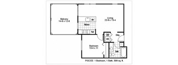 A floor plan of a one bedroom apartment in PISCES, with a balcony, living room, kitchen, bathroom and bedroom.