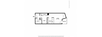 A floor plan of a small apartment with a sleeping area, a kitchen, and a bathroom.