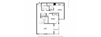 A floor plan of a home with a living room, two bedrooms, a bathroom, a kitchen, and a balcony.