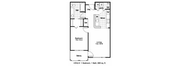 A floor plan of a one bedroom apartment with a bathroom, living room, and kitchen.