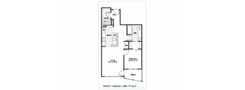 A black and white image of a floor plan for a one bedroom, bath unit.