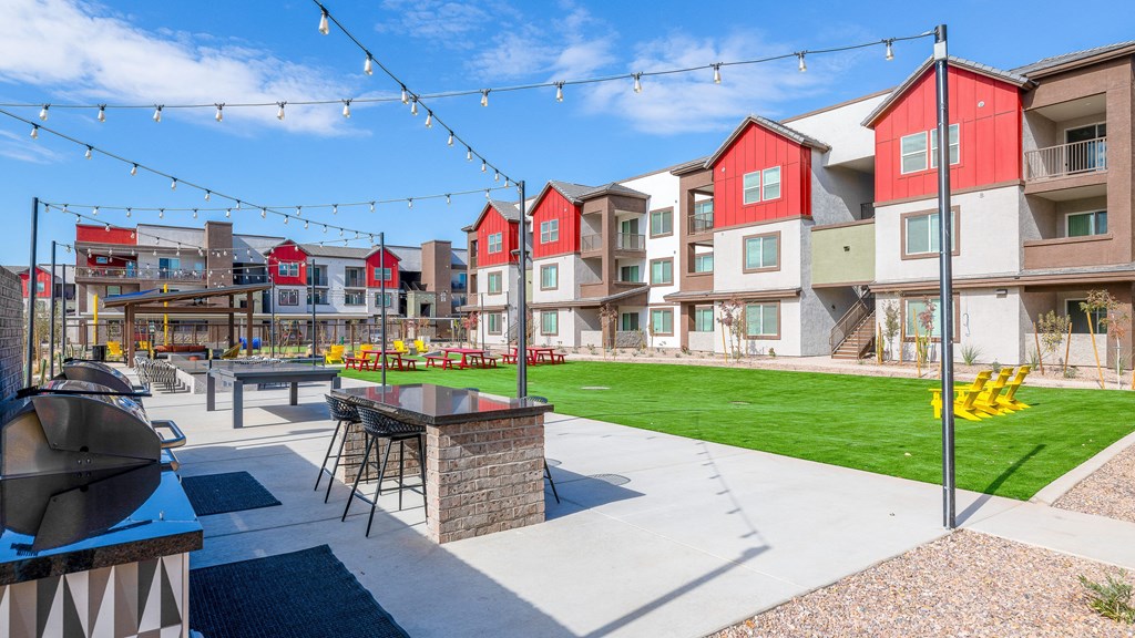 A sunny day at a colorful outdoor residential area.