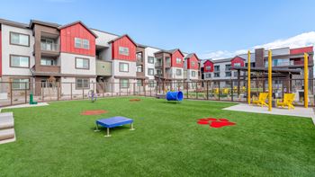 A playground area with a blue mat and red star on the grass in front of apartment buildings.