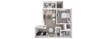 A 3D floor plan of a small apartment with a kitchen, living room, and bathroom.