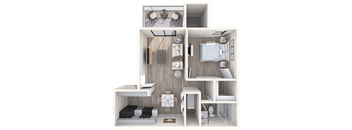 A 3D floor plan of a small apartment with a kitchen, living room, and bedrooms at Red Mountain Apartments, Mesa, AZ