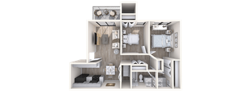 A 3D rendered image of a dollhouse interior at Red Mountain Apartments, Mesa, AZ