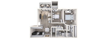 A 3D rendered image of a small apartment layout at Red Mountain Apartments, Mesa, AZ