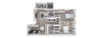 A 3D rendered image of a small apartment layout at Red Mountain Apartments, Mesa, AZ