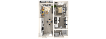 a floor plan of a one bedroom apartment with a bathroom and a balcony  at Melody on Main, Mesa, AZ, 85210