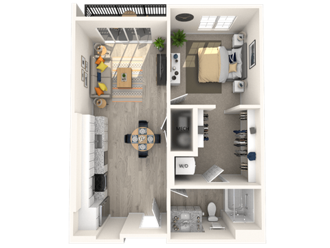 a floor plan of a one bedroom apartment with a bathroom and a balcony  at Melody on Main, Mesa, AZ, 85210