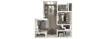 a 3d rendering of a floor plan with a bedroom and a living room