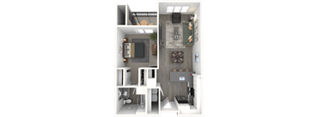 A 3D rendered image of a small apartment layout.