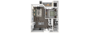 A 3D floor plan of a small apartment with a kitchen, living room, and bathroom.