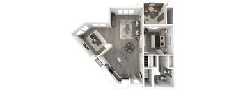 A 3D floor plan of a house showing a kitchen, living room, dining room, and bedrooms.