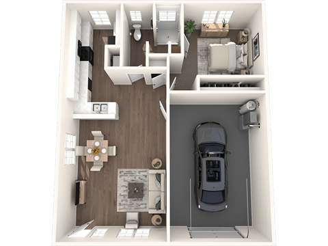 a 1 bedroom floor plan with a car in the garage