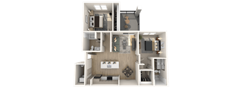 a 3d floor plan of a 2100 sq ft apartment