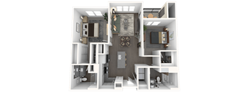 A 3D rendered image of a modern apartment layout.