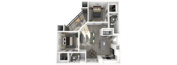 A 3D floor plan of a house with a kitchen, living room, and bathroom.