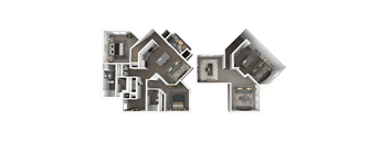 A 3D floor plan of a house with two separate sections.