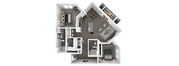 A top-down view of a house layout with various rooms and furniture.