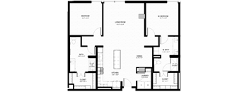 a floor plan of a bedroom apartment with a small kitchen and a living room