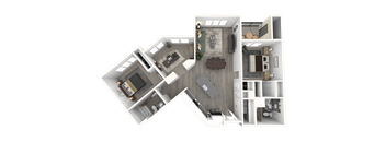 A 3D floor plan of a house with a kitchen, living room, and bedrooms.