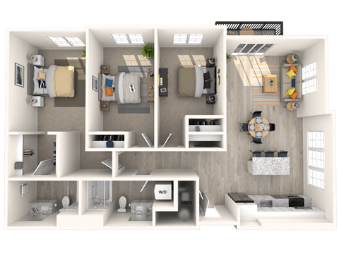 a floor plan of a two bedroom apartment with two bathrooms and a balcony at Melody on Main, Mesa, 85210