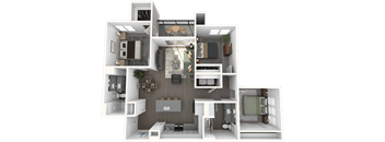 A 3D floor plan of a house showing all rooms and their layouts.