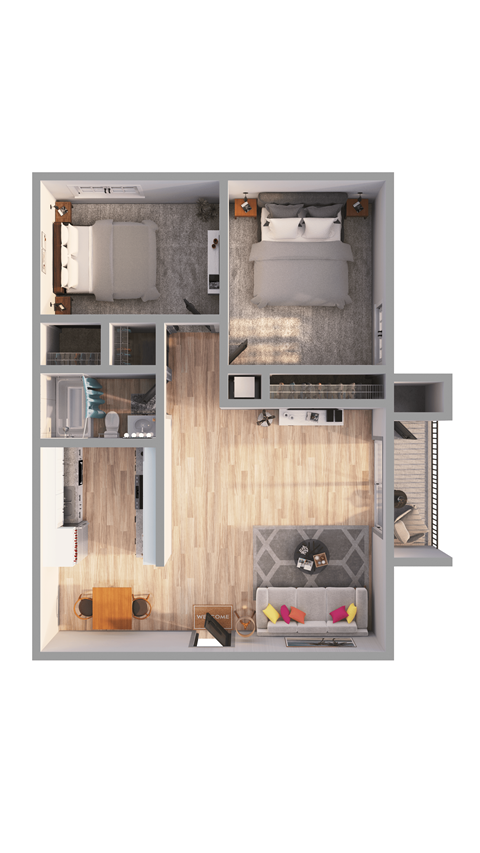 a bedroom floor plan with a bathroom and a living room