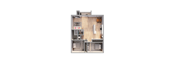 a bedroom floor plan with a bathroom and a living room