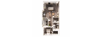 A top down view of a small apartment with a kitchen, living room, and bathroom.