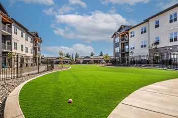A ball is sitting on a green lawn in front of apartment buildings.