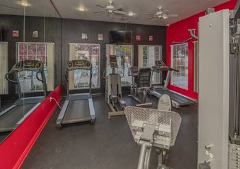 a gym with treadmills and other exercise equipment and windows