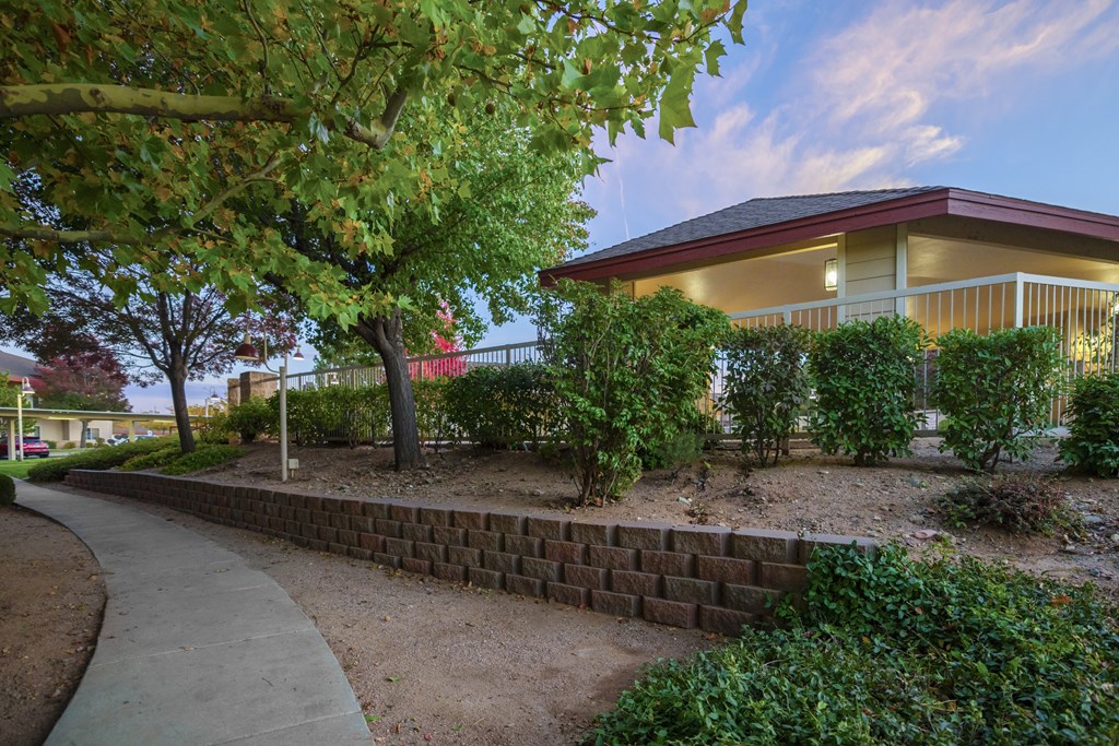 a sidewalk in front of a house with trees and bushes