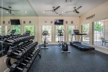 A gym with treadmills, exercise bikes, and a rowing machine.