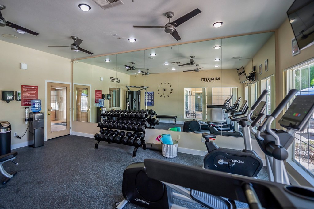 A gym with treadmills, elliptical machines, and a rowing machine.