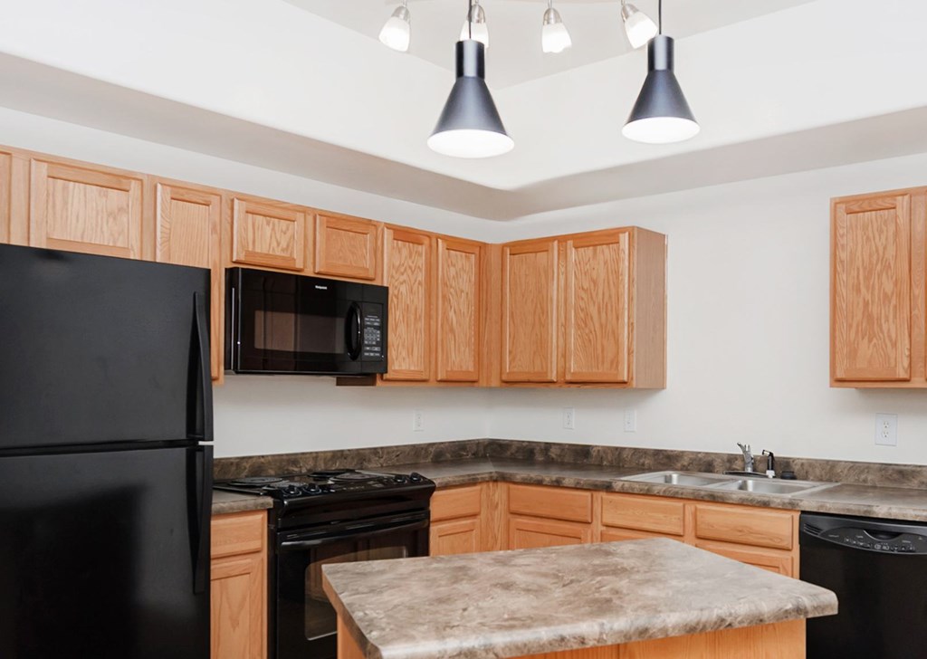 A kitchen with black appliances and wooden cabinets.