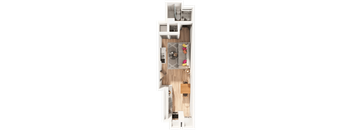 A top-down view of a room with a couch, a coffee table, and a rug.